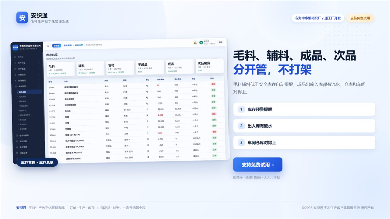 毛料、辅料、成品、次品分开管,不打架